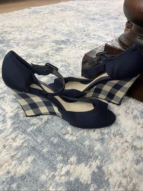 Lela Rose Navy Plaid Wedge Sandals with Ankle Strap